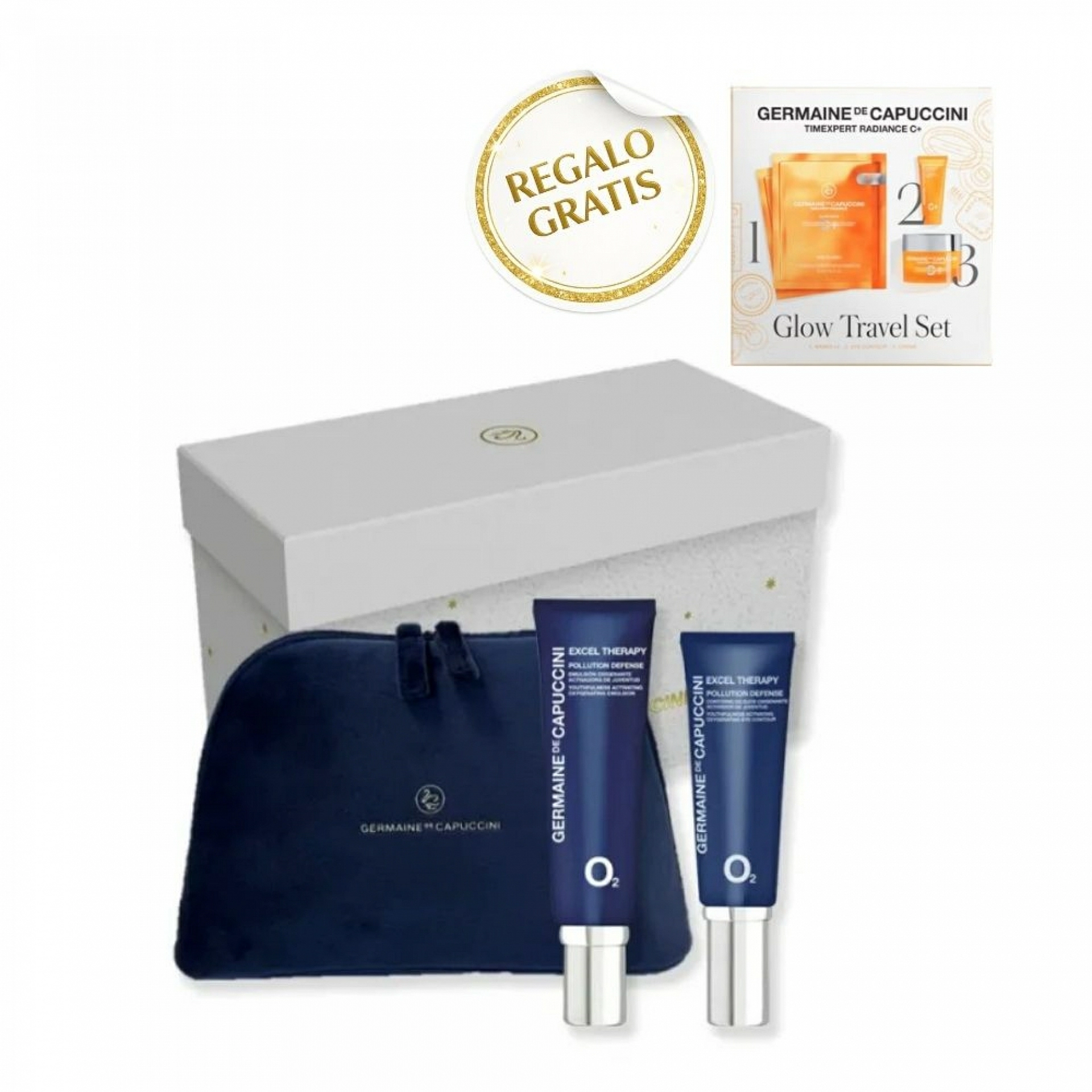 Pack Excel Therapy O2 Pollution Defense | Crema o Emulsión Oxigenante 50ml + Contorno de Ojos 15ml + neceser de regalo - Germaine de Capuccini ®
