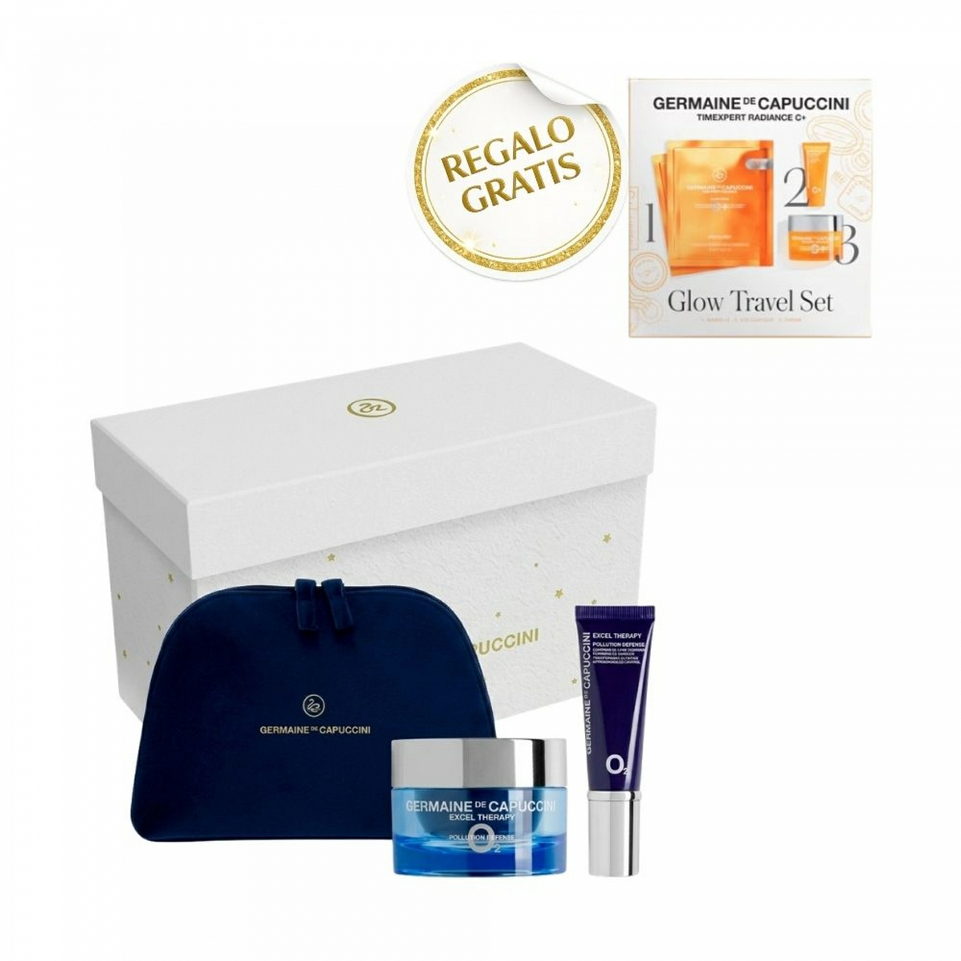 Pack Excel Therapy O2 Pollution Defense | Crema o Emulsión Oxigenante 50ml + Contorno de Ojos 15ml + neceser de regalo - Germaine de Capuccini ®