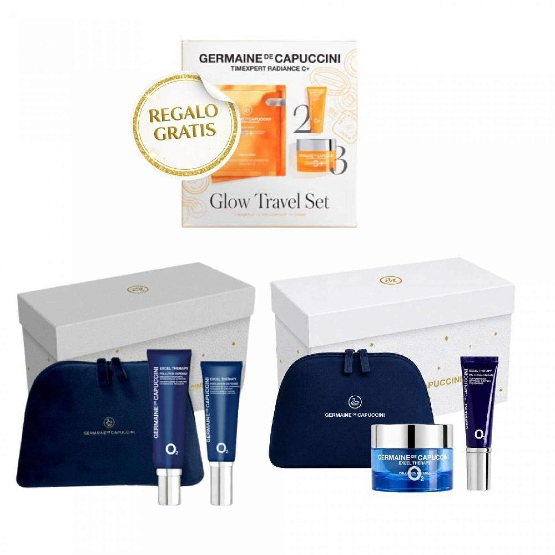 Pack Excel Therapy O2 Pollution Defense | Crema o Emulsión Oxigenante 50ml + Contorno de Ojos 15ml + neceser de regalo - Germaine de Capuccini ®
