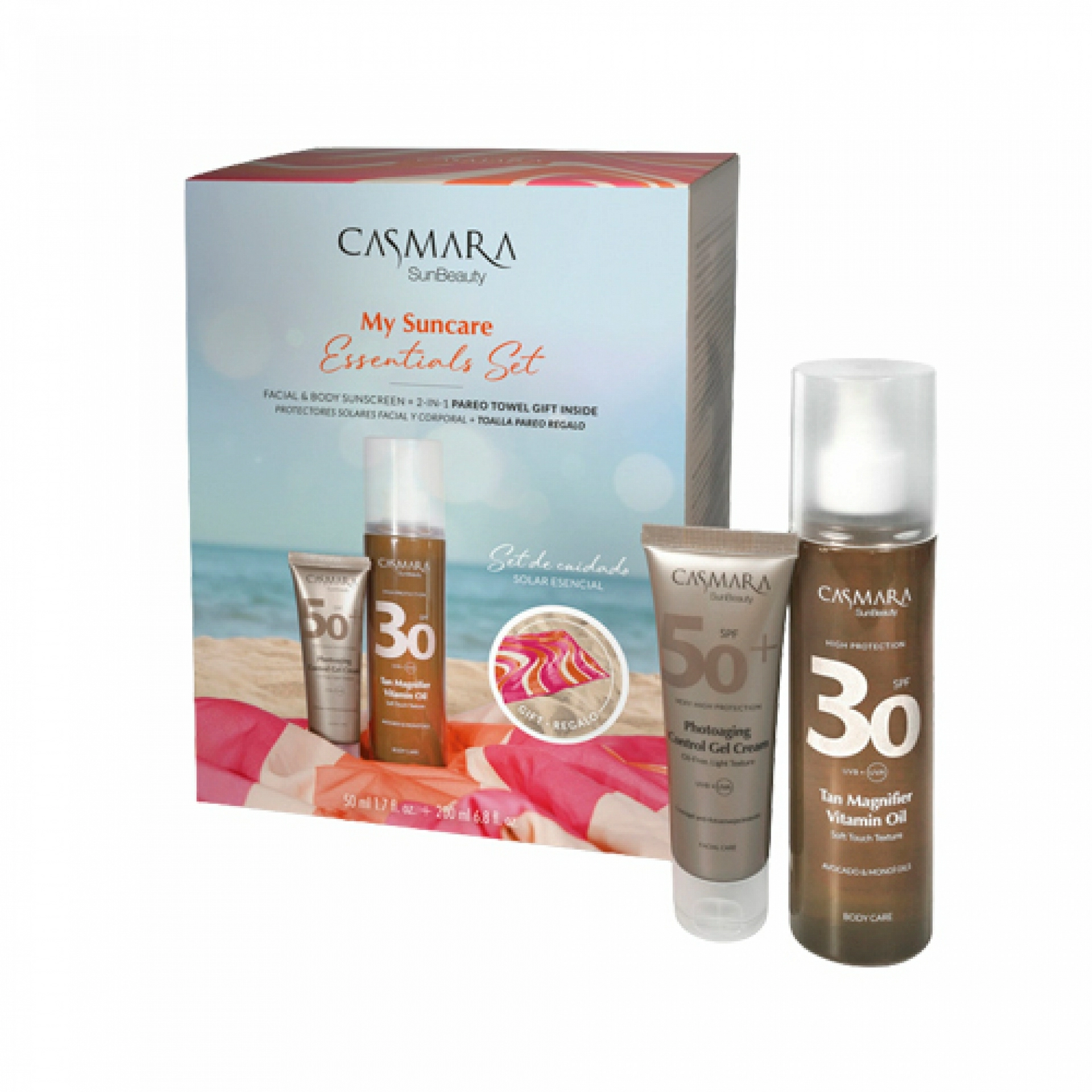 Pack My Essential Sun Care | Photoaging Control Gel Cream SPF 50+ 50ml + Tan Magnifier Vitamin Oil SPF30 200ml + pareo - Casmara ®