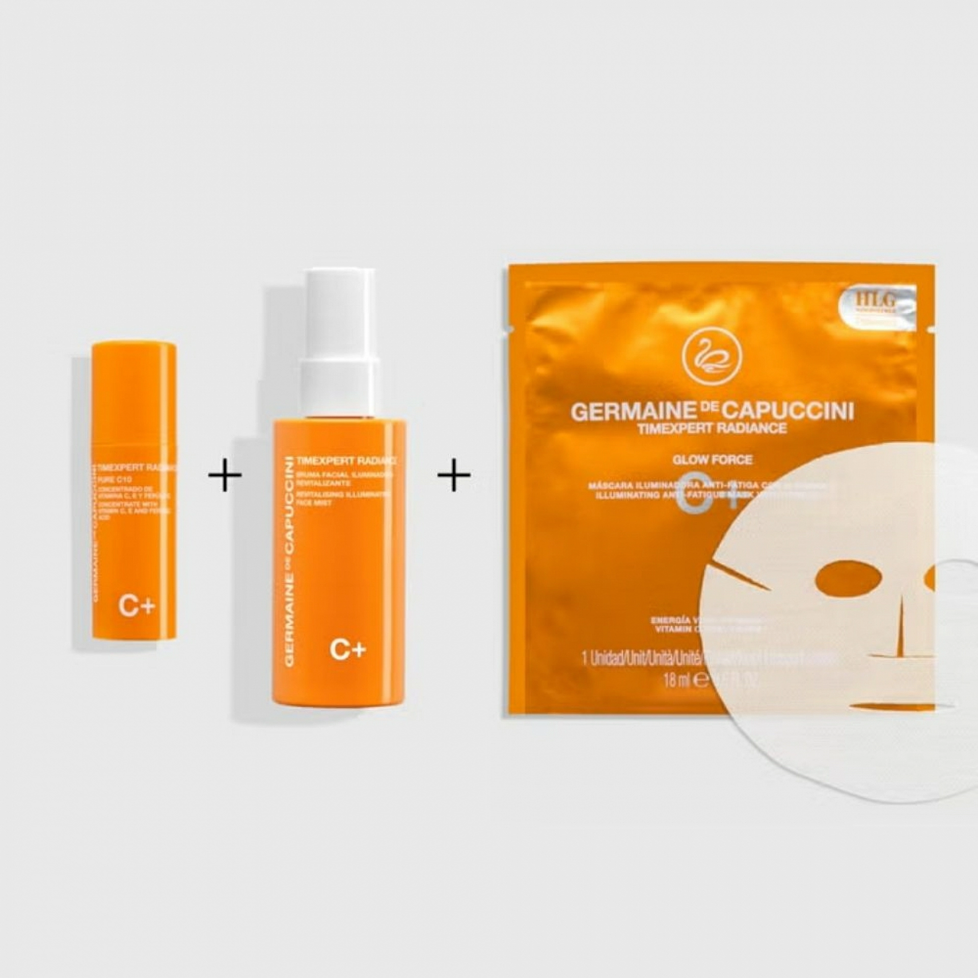 Pack TX Radiance C+ | Bruma Iluminadora 50ml + Mascarilla Glow Force 18ml + Sérum Pure C10 15ml - Germaine de Capuccini ®
