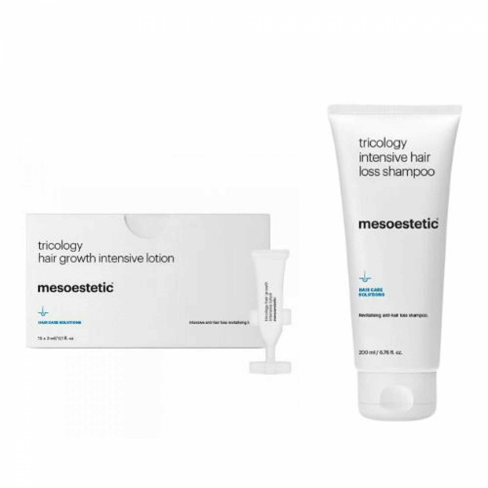 Ritual para el cuidado capilar | Tricology hair grwoth intensive lotion 15x3ml + Tricology Intensive Hair Loss Shampoo 200ml  - Mesoestetic ®