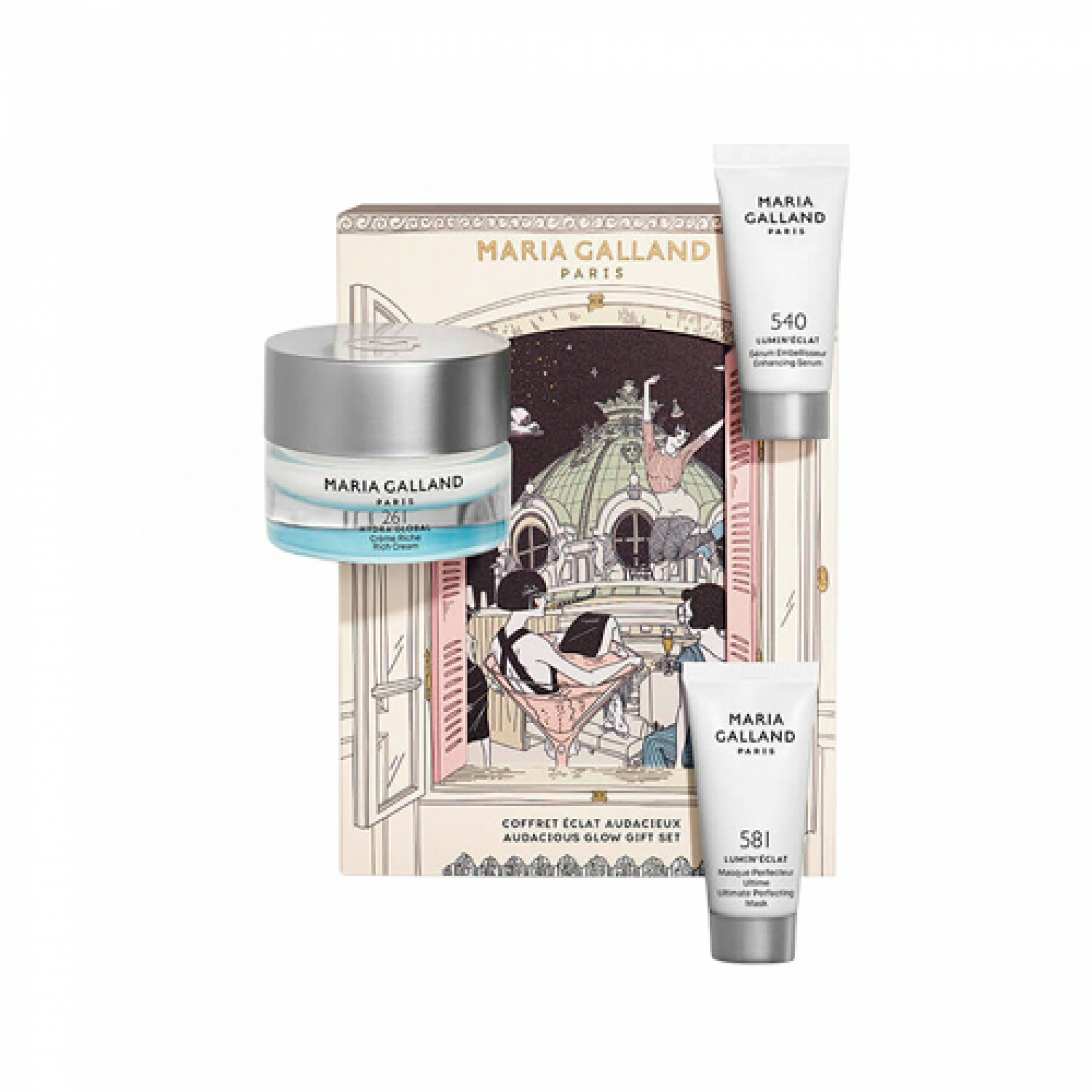 Set de Regalo Audacious Glow | Pack iluminador: 261 Rich Cream 50ml + 540 Enhancing Serum 15ml + 581 Ultimate Perfecting Mask 20ml - Maria Galland ®