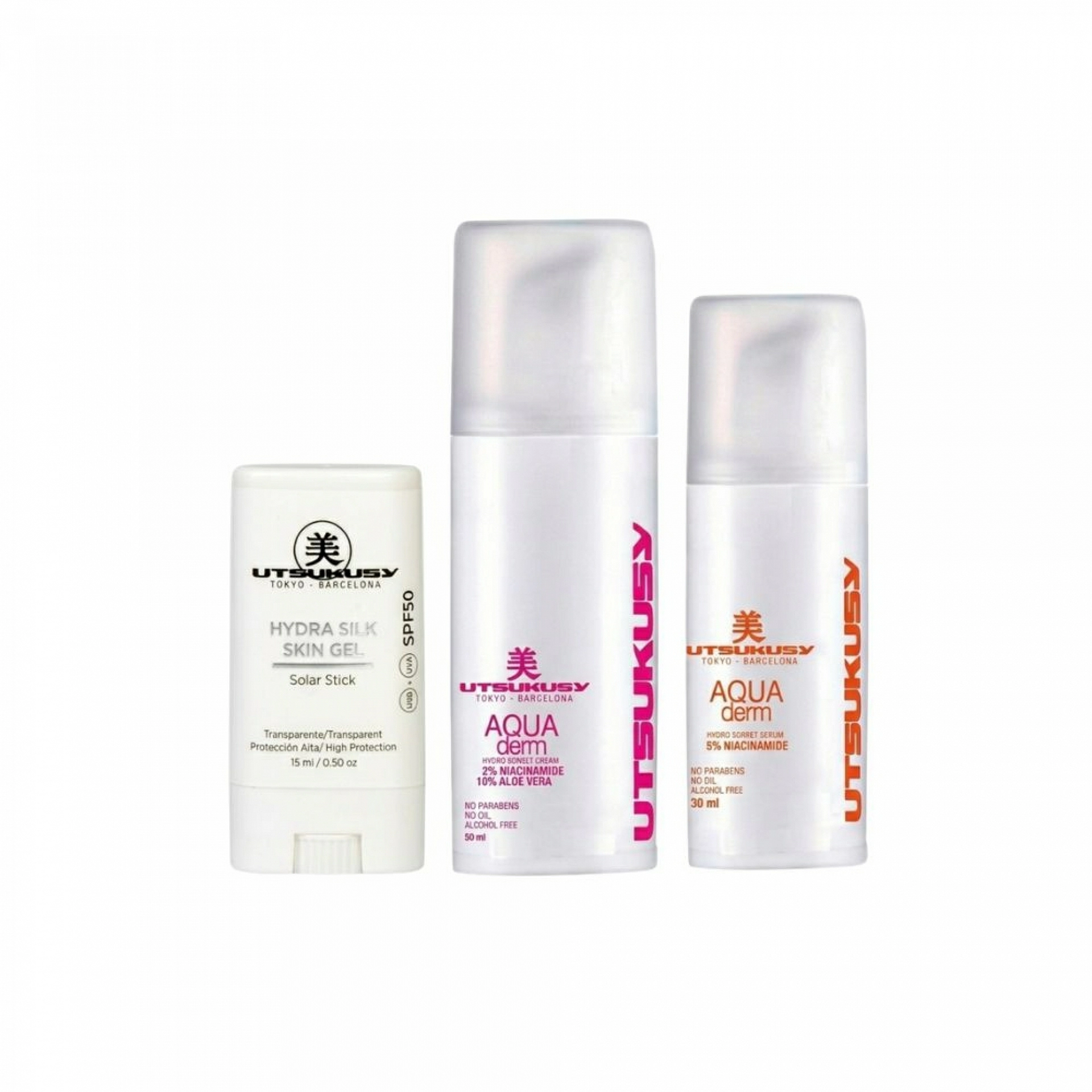 Set Sunskin Aqua Derm | Sérum Aqua Derm 30 ml + Crema Aqua Derm 50 ml + Stick Gel SPF50 – Utsukusy ®