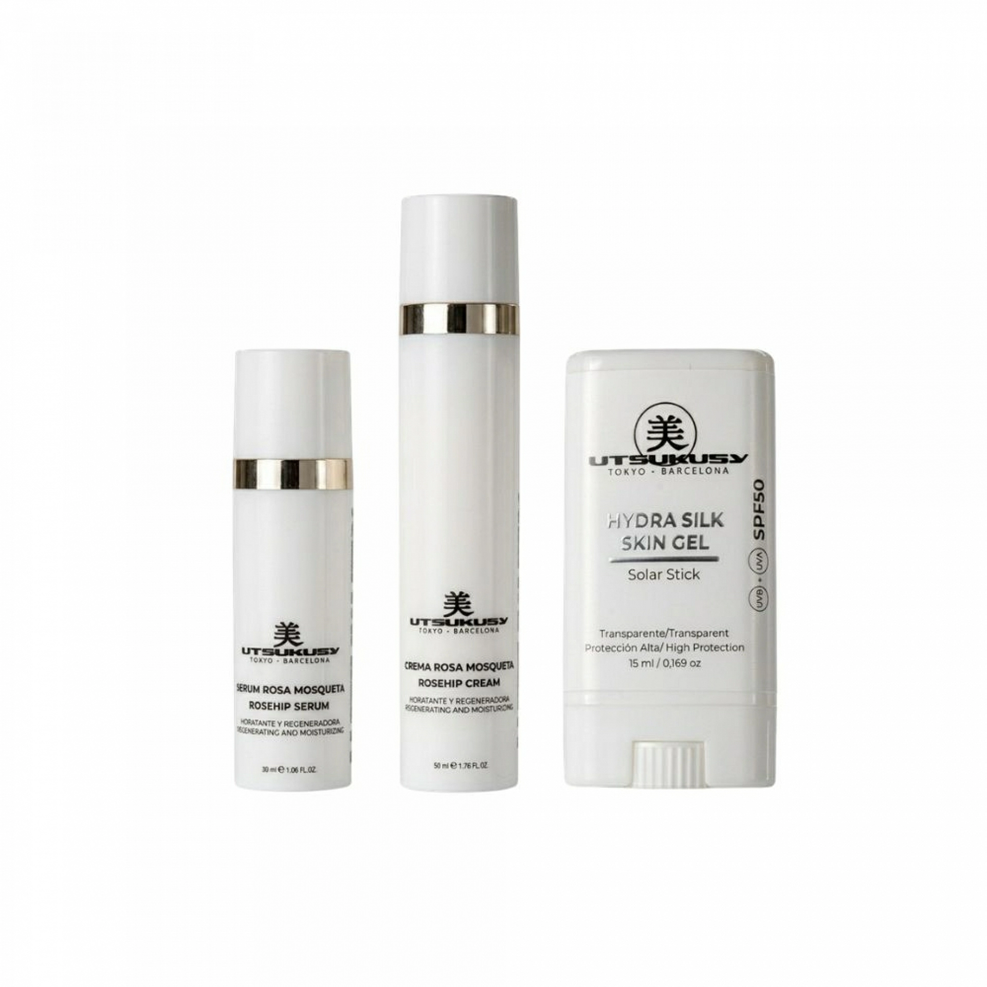 Set Sunskin Rosa Mosqueta | Crema Rosa Mosqueta 50 ml + Sérum Rosa Mosqueta 30 ml + Sun Stick SPF50 – Utsukusy ®