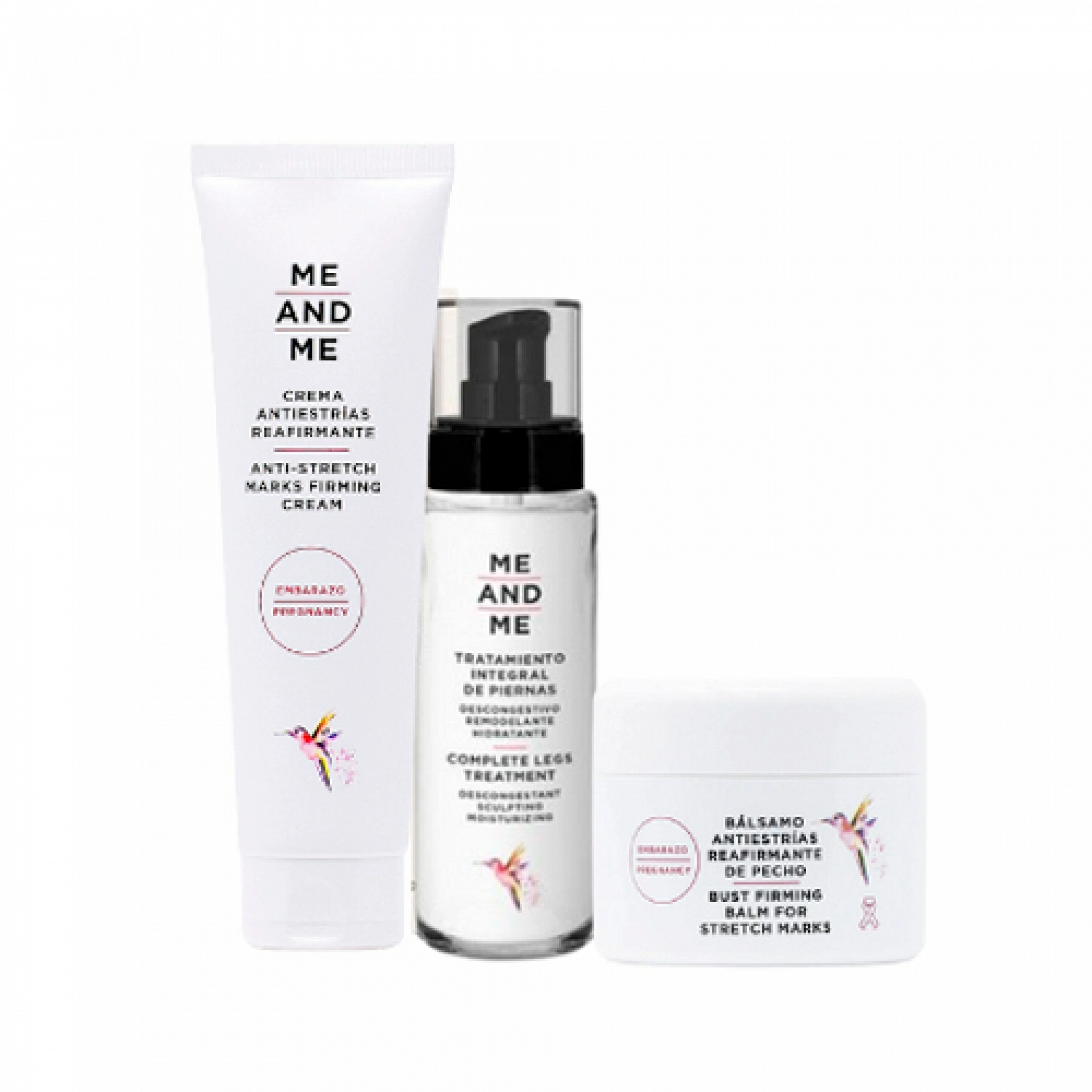 Welcome Pack | Crema Antiestrías Reafirmante 150ml + Bálsamo Antiestrías Reafirmante de Pecho 75ml + Tratamiento Integral de Piernas 100ml - Me and Me ®
