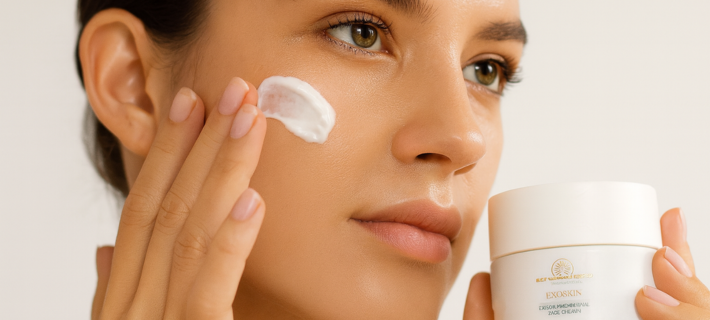Mujer aplicandose crema facial en el rostro