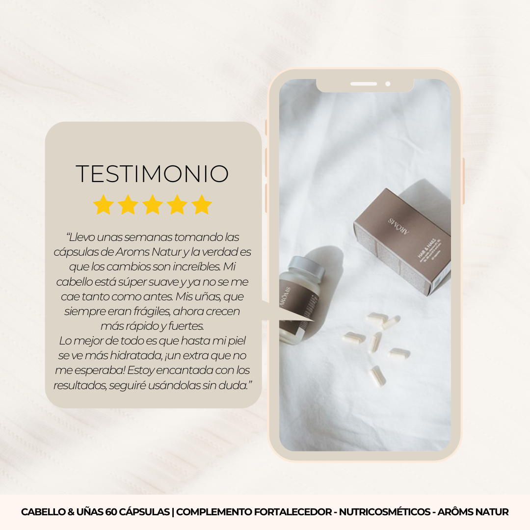Testimonio cinco estrellas sobre c&aacute;psulas Ar&ocirc;ms Natur destacando cabello m&aacute;s fuerte, u&ntilde;as resistentes y piel hidratada en pocas semanas