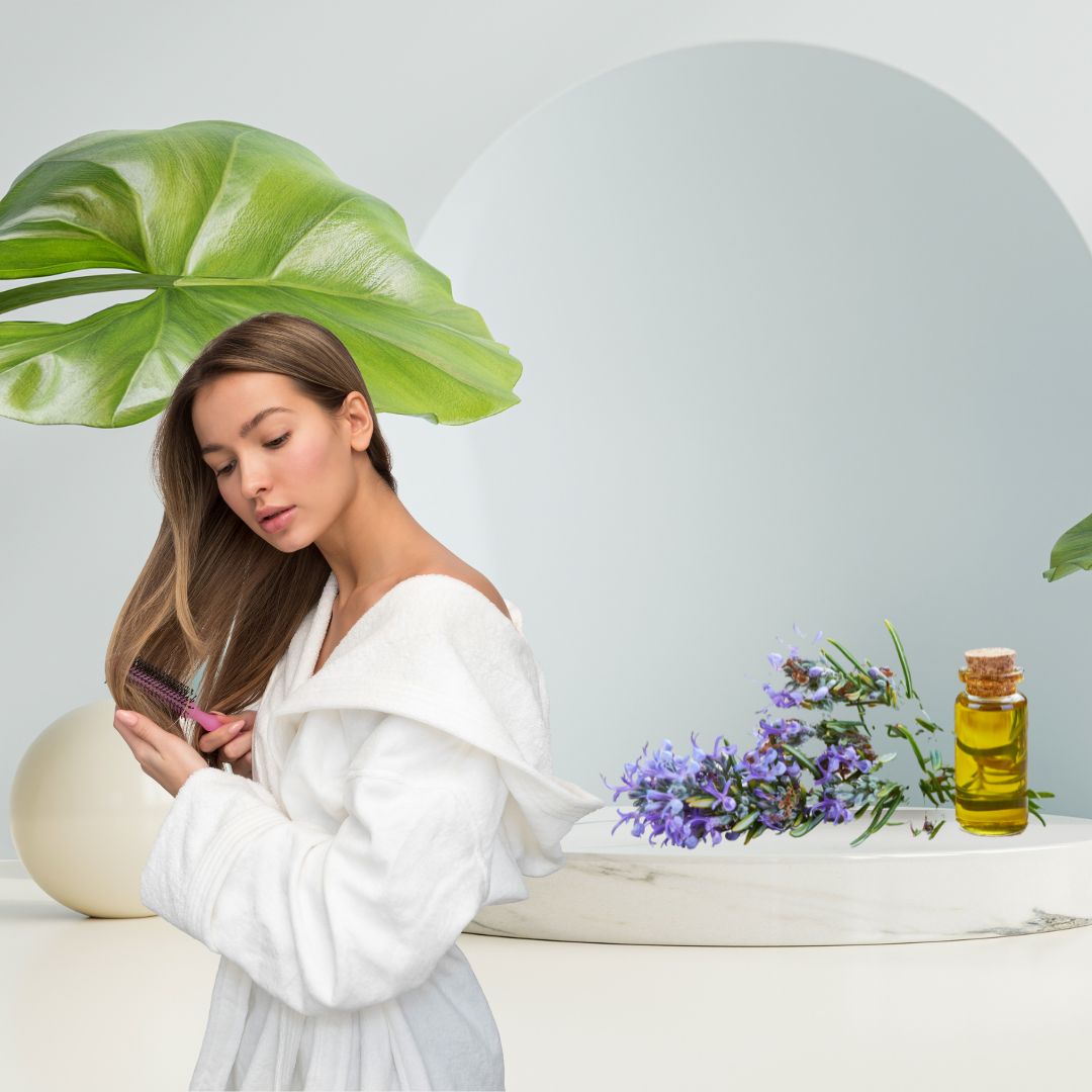 Mujer aplicando aceite esencial de romero en el cabello