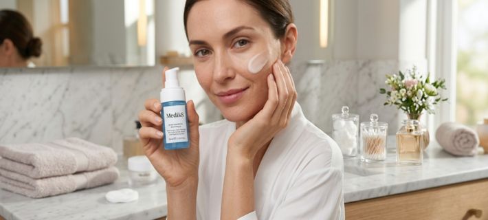Mujer con un serum de niacinamida de medik 8