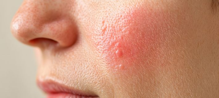 Enrojecimiento y brote inflamatorio en la mejilla del rostro